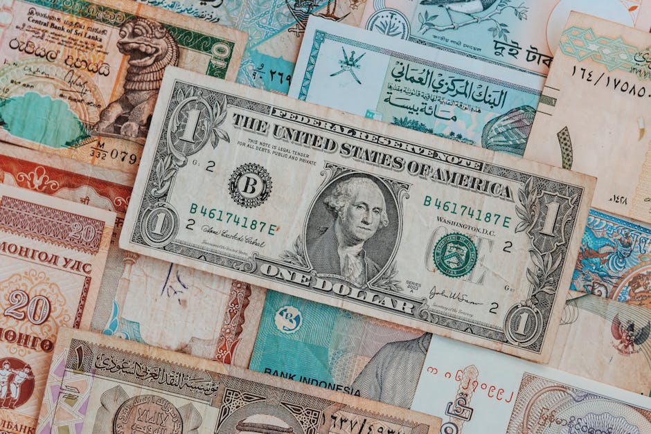 Top view of assorted paper money with American greenback representing image of President and numbers with words and signature on bill