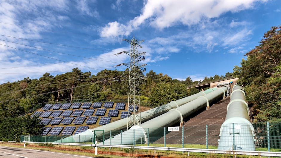 Solar panels and industrial pipes in Geesthacht's EnergiePark on a sunny day.