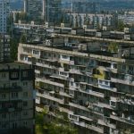 Aerial view of residential buildings in Kyiv showcasing Soviet-era architecture.