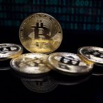 Close-up of gold Bitcoin coins against a digital binary code background, symbolizing modern finance.