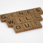 Close-up of wooden Scrabble tiles spelling 'Genes Will Out' on a white background.