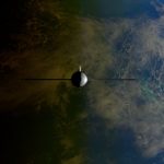 A satellite orbiting Earth showcasing contrasts between ocean and land from space.