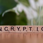Close-up of wooden blocks spelling 'encryption', symbolizing data security and digital protection.