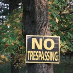 A no trespassing sign displayed on a tree surrounded by autumn foliage.