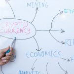 Hand writing cryptocurrency concepts on whiteboard in business meeting.