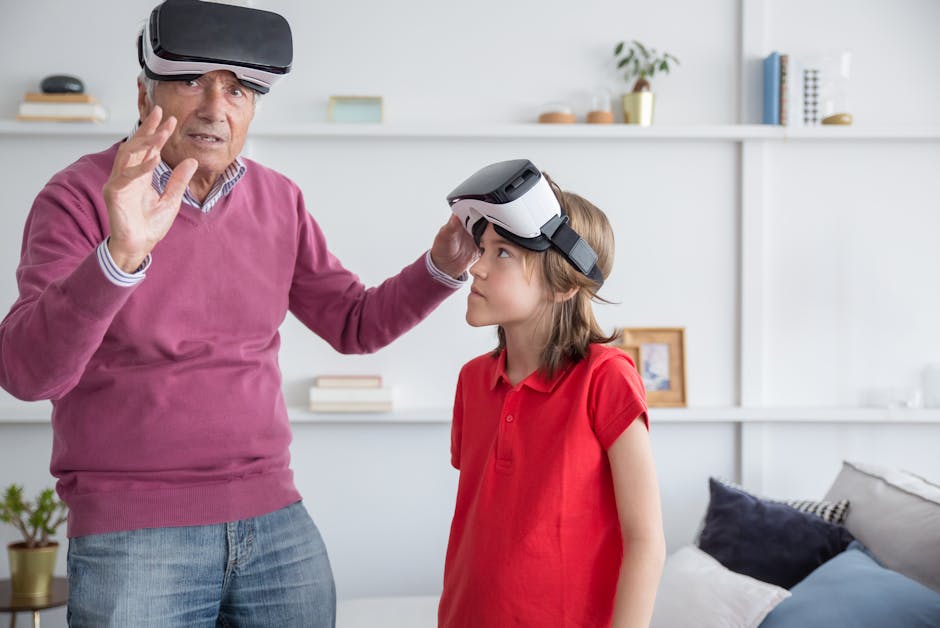A senior man and young girl explore virtual reality together indoors.