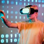 A person experiences virtual reality with a headset against a background of binary code.
